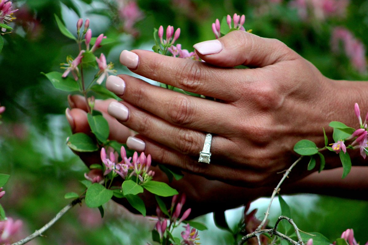 Hands with an engagement ring among pink honeysuckle